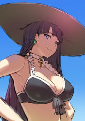 Rule 34 | 1girl, armpits, bare arms, bare shoulders, bikini, black bikini, blue sky, blunt bangs, bow, breasts, brown hat, choker, cleavage, closed mouth, collarbone, cross, day, earrings, emoshon, facing away, fate/grand order, fate (series), frilled bikini, frills, front-tie bikini top, front-tie top, grey bow, hands on own hips, hat, highres, hoop earrings, jewelry, large breasts, long hair, looking at viewer, martha (fate), martha (swimsuit ruler) (fate), martha (swimsuit ruler) (first ascension) (fate), outdoors, purple eyes, purple hair, sky, smile, solo, straight hair, sun hat, swimsuit, upper body, very long hair, white choker