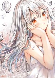Rule 34 | 1girl, absurdres, bare legs, bare shoulders, blush, brown eyes, collarbone, commentary request, dress, hair between eyes, hands on own face, hands up, highres, kohaku muro, long hair, looking away, original, parted lips, signature, silver hair, sleeveless, sleeveless dress, solo, very long hair, water drop, white dress