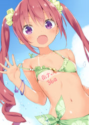 Rule 34 | 1girl, :d, bikini, bikini tan, blue sky, blush, breasts, collarbone, commentary request, day, drill hair, dutch angle, fang, frilled bikini, frills, green bikini, hair ornament, hair scrunchie, hazuki watora, highres, kani biimu, long hair, navel, open mouth, original, outdoors, pulling own clothes, purple eyes, red hair, sarong, scrunchie, sidelocks, sky, small breasts, smile, solo, stomach, strap pull, swimsuit, tan, tanline, tareme, twintails, underboob, upper body, wristband