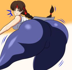 Rule 34 | 1girl, ass, bare shoulders, braid, breasts, brown eyes, brown hair, cameltoe, from behind, headband, highres, hip attack, huge ass, large breasts, long hair, looking at viewer, looking back, ryuuko no ken, shingattai, shiny clothes, shiny skin, sideboob, single braid, smile, solo, spandex, the king of fighters, thick thighs, thighs, very long hair, yuri sakazaki