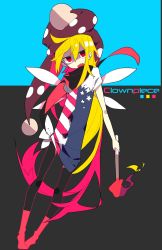 Rule 34 | 1girl, akimaki yuu, american flag dress, american flag shirt, bad id, bad twitter id, black pantyhose, blonde hair, character name, clownpiece, fairy wings, full body, hat, highres, jester cap, long hair, looking at viewer, open mouth, pantyhose, red eyes, shaded face, sharp teeth, short sleeves, solo, striped clothes, striped pantyhose, teeth, touhou, very long hair, wings