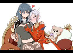 Rule 34 | 2girls, blue eyes, blue hair, blurry, blush, grabbing another&#039;s breast, breasts, brown legwear, byleth (female) (fire emblem), byleth (fire emblem), cape, cleavage cutout, closed mouth, clothing cutout, commentary, couch, cup, depth of field, dress, drink, drinking glass, edelgard von hresvelg, elbow gloves, fire emblem, fire emblem: three houses, gloves, grabbing, hand on another&#039;s shoulder, heart, highres, holding, holding cup, large breasts, long hair, looking at another, looking at breasts, looking down, medium hair, midriff, multiple girls, navel, nieto tokage, nintendo, parted bangs, patterned legwear, pillow, print legwear, purple eyes, red dress, red gloves, silver hair, simple background, sitting, smile, stuffed animal, stuffed toy, symbol-only commentary, teddy bear, white background, wine glass, yuri