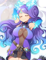 Rule 34 | 1girl, absurdres, arms behind head, blue fire, breasts, brighid (xenoblade), center opening, chest jewel, cleavage, cowboy shot, crotch, dress, elbow gloves, closed eyes, fiery hair, fire, gloves, highres, large breasts, long hair, navel, nintendo, no panties, purple gloves, purple hair, see-through, see-through dress, smile, solo, totallyiryanic, xenoblade chronicles (series), xenoblade chronicles 2