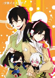 Rule 34 | 1girl, 2boys, arrow (symbol), at gunpoint, bad gun anatomy, black hair, blue jacket, brown cardigan, cardigan, chevron (symbol), chibi, circle, closed eyes, closed mouth, collared shirt, commentary, enomoto takane, facial mark, facing to the side, full body, gas mask, green cardigan, green pants, grid, gun, haikimono shounen, hand on another&#039;s head, hand to own mouth, handgun, headphones, holding, holding gun, holding weapon, jacket, kagerou project, kokonose haruka, konoha (kagerou project), long sleeves, looking at another, looking away, mask, mekakucity actors, mole, mole under eye, multicolored clothes, multicolored jacket, multiple boys, musical note, open collar, open mouth, orange background, pants, red eyes, red footwear, scared, shirt, shoes, side-by-side, sleeves past wrists, smile, song name, striped background, striped clothes, striped jacket, symbol-only commentary, tears, teeth, twintails, two-tone footwear, two-tone jacket, upper body, upper teeth only, vertical stripes, vocaloid, weapon, white footwear, white hair, white shirt, wide-eyed, yellow jacket, yuukei yesterday (vocaloid)