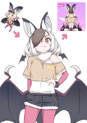 Rule 34 | 1girl, adapted costume, animal ears, bat ears, bat girl, bat wings, bracelet, brown eyes, brown hair, brown long-eared bat (kemono friends), brown shirt, camisole, commentary request, cowboy shot, frilled sleeves, frills, fur collar, hair over one eye, hand on own hip, highres, illu (illu stratos), jewelry, kemono friends, kemono friends v project, midriff peek, multicolored hair, multiple views, off-shoulder shirt, off shoulder, pantyhose, partial commentary, pink pantyhose, shirt, short shorts, short sleeves, shorts, spaghetti strap, two-tone hair, virtual youtuber, white fur, white hair, white shirt, wings