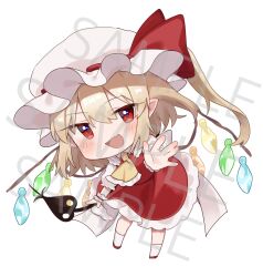 Rule 34 | 1girl, absurdres, back bow, blonde hair, bow, breasts, crystal, flandre scarlet, frilled shirt collar, frilled skirt, frilled sleeves, frills, full body, hair between eyes, hat, hat ribbon, highres, holding, holding polearm, holding weapon, laevatein (touhou), large bow, mary janes, medium hair, multicolored wings, one side up, pointy ears, polearm, puffy short sleeves, puffy sleeves, red eyes, red footwear, red ribbon, red skirt, red vest, ribbon, ribbon-trimmed headwear, ribbon trim, sample watermark, shirt, shoes, short sleeves, simple background, skirt, skirt set, small breasts, socks, solo, suikario, touhou, vest, watermark, weapon, white background, white bow, white hat, white shirt, white socks, wings, wrist cuffs