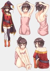 Rule 34 | 10s, 1girl, armpits, arms up, ass, back, bandaged leg, bandages, bare shoulders, barefoot, belt, blush, boots, breasts, brown hair, cape, choker, cleavage, dress, feet, fingerless gloves, from behind, full body, gloves, hat, kono subarashii sekai ni shukufuku wo!, long sleeves, looking at viewer, looking back, megumin, michihasu, multiple views, naked towel, off shoulder, open mouth, ponytail, red eyes, short dress, short hair, simple background, single thighhigh, sitting, small breasts, sweat, thighhighs, towel, tying hair, white background, witch hat