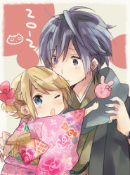 Rule 34 | 10s, 1boy, 1girl, 2012, :o, bad id, bad pixiv id, blonde hair, blue eyes, blue hair, dated, flower, hair flower, hair ornament, holding, japanese clothes, kagamine rin, kaito (vocaloid), kimono, new year, one eye closed, ousaka nozomi, vocaloid, wink, aged down