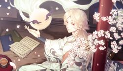 Rule 34 | 1boy, bishounen, blonde hair, book, branch, cherry blossoms, clothing request, cup, flower, food fantasy, highres, ichi-be, japanese clothes, leaf, long hair, long sleeves, looking at viewer, male focus, open book, pink flower, red eyes, sitting, solo, teacup, wonton (food fantasy)