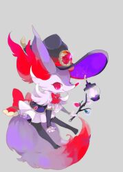 1girl alternate_color black_gloves black_hat black_shirt bow bowtie braixen claws colored_eyelashes creatures_(company) fire furry furry_female game_freak gem gen_6_pokemon gloves grey_background hat highres holding holding_stick lantern leaf looking_at_viewer neck_fur nintendo pokemon pokemon_(creature) purple_fire purple_fur red_bow red_bowtie red_eyes red_fur red_gemstone shiny_pokemon shirt smile solo star_(symbol) stick sukinadake white_fur witch_hat