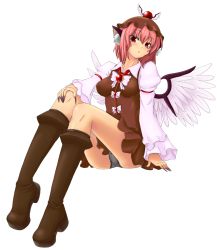 1girl animal_ears black_panties boots breasts enoko_(zqfebi) female_focus fingernails full_body hat highres knee_boots legs long_fingernails medium_breasts mystia_lorelei panties pantyshot pink_hair red_eyes short_hair simple_background sitting solo touhou underwear wings