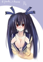 Rule 34 | 10s, 1girl, alternate breast size, black hair, blush, breasts, cleavage, dated, highres, long hair, looking at viewer, neptune (series), noire (neptunia), padocchi (kurokitsune), red eyes, signature, solo, twintails, upper body
