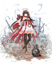 Rule 34 | 1girl, absurdres, arms at sides, black choker, breasts, brown hair, choker, closed mouth, colored inner hair, detached sleeves, dress, gloves, hair ornament, halo, high heels, highres, holding, holding sword, holding weapon, long hair, lucia: plume (eventide glow) (punishing: gray raven), lucia (punishing: gray raven), multicolored hair, punishing: gray raven, red eyes, red hair, see-through, see-through sleeves, small breasts, solo, standing, strapless, strapless dress, sword, thighhighs, toeless legwear, two-tone hair, weapon, yewang19