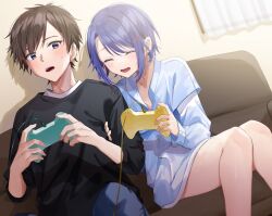 Rule 34 | 1boy, 1girl, ^ ^, arm grab, black eyes, black shirt, blue hair, blue panties, blue shirt, blush, brown hair, chigusa minori, closed eyes, collarbone, commentary request, controller, couch, dutch angle, game controller, hair ornament, hairclip, himeno akira, holding, holding controller, holding game controller, indoors, jitsuha imouto deshita., long sleeves, lower teeth only, majima ryouta, official art, on couch, open mouth, overshirt, panties, partial commentary, shirt, short hair, sidelocks, sweatdrop, teeth, underwear, upper teeth only, white shirt