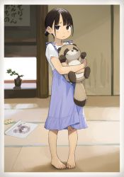 Rule 34 | 1girl, :&lt;, aged down, bandaid, bare legs, barefoot, blue dress, blush, bonsai, bright pupils, brown eyes, brown hair, child, child&#039;s drawing, closed mouth, commentary request, douki-chan (douki-chan), dress, frown, full body, ganbare douki-chan, hair bun, highres, holding, holding stuffed toy, indoors, long hair, looking at viewer, short sleeves, sidelocks, solo, standing, stuffed animal, stuffed tanuki, stuffed toy, toenails, toes, yomu (sgt epper)