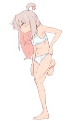 Rule 34 | 1girl, absurdres, adjusting clothes, adjusting panties, ahoge, bare arms, bare legs, bare shoulders, barefoot, bra, breasts, closed eyes, commentary, full body, genderswap, genderswap (mtf), highres, kiirogreen, long hair, navel, onii-chan wa oshimai!, oyama mahiro, panties, pink hair, simple background, small breasts, solo, standing, standing on one leg, stomach, training bra, underwear, underwear only, white background, white bra, white panties
