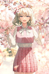 Rule 34 | 1girl, absurdres, bow, bowtie, braid, cherry blossoms, earrings, hat, highres, jewelry, jisu lee, light brown hair, long hair, long sleeves, looking at viewer, nail polish, original, pink eyes, pink nails, pink skirt, plaid, plaid skirt, pleated skirt, skirt, solo, spring (season), standing, white bow, white bowtie