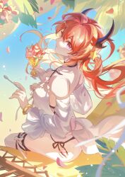 Rule 34 | 1girl, absurdres, arknights, bare shoulders, commentary request, detached sleeves, elecdianzi, food, highres, holding, holding spoon, horns, ice cream, long hair, long sleeves, looking at viewer, official alternate costume, purple eyes, red hair, solo, spoon, surtr (arknights), surtr (colorful wonderland) (arknights), thigh strap, thighs