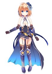 Rule 34 | 1girl, ahoge, armored boots, bare shoulders, beret, blue bow, blue eyes, blue hat, blue skirt, blush, boots, bow, breasts, brown gloves, brown thighhighs, cleavage, closed mouth, commentary request, copyright request, covered navel, elbow gloves, full body, gloves, hair between eyes, hair bow, hat, highres, knee boots, kujou danbo, light brown hair, long hair, o-ring, purple footwear, skirt, smile, solo, standing, star (symbol), striped, striped bow, thighhighs, thighhighs under boots, tilted headwear, virtual youtuber
