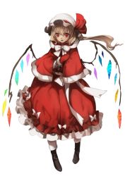 Rule 34 | 1girl, adapted costume, alternate costume, asymmetrical hair, blonde hair, boots, bow, capelet, crystal, dress, flandre scarlet, full body, gloves, hat, hat ribbon, highres, looking at viewer, md5 mismatch, mob cap, no-kan, open mouth, red dress, red eyes, red gloves, resized, resolution mismatch, ribbon, sash, side ponytail, simple background, smile, solo, source larger, touhou, white background, wings, winter clothes