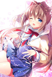 Rule 34 | 1girl, ahoge, asakura otome, blue dress, blue eyes, blush, bow, bowtie, brown hair, cherry blossoms, clip studio paint (medium), commentary request, da capo, da capo ii, dress, hair between eyes, hair bow, hair intakes, highres, long hair, long sleeves, looking at viewer, one eye closed, open hands, open mouth, petals, pink bow, red bow, red bowtie, ringo sui, school uniform, sidelocks, solo, vest, yellow vest