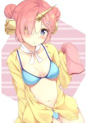 Rule 34 | 1girl, :o, arm at side, bad id, bad pixiv id, bikini, bikini under clothes, blue bikini, blue eyes, blush, breasts, cleavage, collarbone, commentary request, double bun, fate/grand order, fate (series), frankenstein&#039;s monster (fate), frankenstein&#039;s monster (swimsuit saber) (fate), frankenstein&#039;s monster (swimsuit saber) (first ascension) (fate), hair bun, hair ornament, hairclip, hand up, hands in opposite sleeves, heterochromia, horns, jacket, karutamo, long sleeves, looking at viewer, medium breasts, navel, open clothes, open jacket, parted lips, pink hair, short hair, single horn, sitting, solo, stomach, striped, striped background, swimsuit, tareme, thigh gap, yellow eyes, yellow jacket