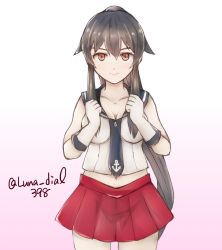 Rule 34 | 1girl, black hair, black sailor collar, clenched hand, commentary request, cowboy shot, gloves, gradient background, highres, kantai collection, ld (luna dial398), long hair, looking at viewer, midriff, necktie, one-hour drawing challenge, pleated skirt, ponytail, red eyes, red skirt, sailor collar, school uniform, serafuku, shirt, sidelocks, skirt, sleeveless, sleeveless shirt, solo, twitter username, white background, white gloves, yahagi (kancolle)