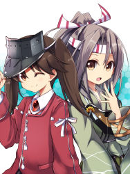 Rule 34 | 10s, 2girls, ;), amano kouki, brown eyes, brown hair, hair between eyes, hand on headwear, hand up, headband, honeycomb background, japanese clothes, kantai collection, looking at viewer, magatama, multiple girls, muneate, one eye closed, open mouth, personification, ponytail, ryuujou (kancolle), smile, striped, twintails, upper body, vertical stripes, visor cap, wide sleeves, wink, zuihou (kancolle)