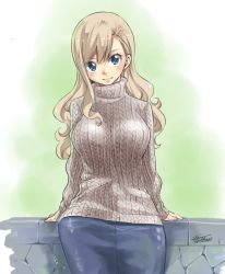 Rule 34 | 1girl, blonde hair, blue eyes, breasts, brown sweater, denim, denim skirt, eden&#039;s zero, fence, hair between eyes, jewelry, large breasts, leaning back, long hair, looking at viewer, mashima hiro, necklace, official art, rebecca bluegarden, signature, skirt, smile, solo, sweater, turtleneck, turtleneck sweater