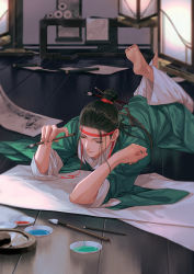 Rule 34 | 1boy, akyo89, barefoot, black hair, bowl, chinese clothes, eyelashes, feet up, green robe, hair bun, hair ornament, hair pulled back, half updo, hands up, hanfu, hanging scroll, headband, holding, holding paintbrush, indoors, inkwell, lantern, long hair, long sleeves, lying, male focus, on floor, on stomach, jiangnan baijingtu, paint, paintbrush, paintbrush hair ornament, paper, robe, scroll, shen zhou, single hair bun, sleeves rolled up, soles, solo, wooden floor