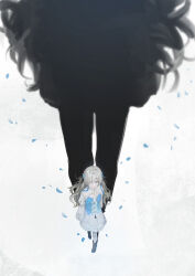 Rule 34 | 1girl, blue dress, blue eyes, blue flower, blue hair, boots, cleavage cutout, closed mouth, clothing cutout, commentary, dress, english commentary, falling petals, flower, from above, full body, gradient dress, grey hair, hair flower, hair ornament, hair over one eye, highres, isekai joucho, juliet sleeves, kamitsubaki studio, light smile, long hair, long sleeves, looking at viewer, looking up, multicolored hair, nekoreito, o-ring, pantyhose, petals, puffy sleeves, shadow, shrug (clothing), solo, streaked hair, virtual youtuber, walking, wavy hair, white dress, white pantyhose, white sleeves, wide shot