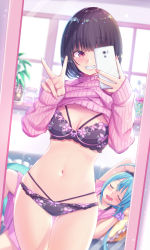 Rule 34 | 2girls, absurdres, black bra, black hair, black panties, blue hair, blunt bangs, blush, bob cut, bra, breasts, cellphone, cleavage, clothes lift, commentary request, cowboy shot, drooling, highres, holding, holding phone, indoors, jar, long sleeves, lying, medium breasts, mirror, mixed-language commentary, multiple girls, nail polish, navel, on back, original, panties, phone, pink nails, pink sweater, plant, potted plant, purple eyes, reflection, saliva, selfie, short hair, sleeping, sleeves past wrists, smartphone, solo focus, stomach, sweater, sweater lift, taking picture, tenzeru, thigh gap, underwear, v, window