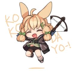 Rule 34 | 1girl, animal ears, arknights, bandages, black jacket, blue gloves, blush, bow (weapon), chibi, crossbow, gloves, green shirt, holding, holding bow (weapon), holding crossbow, holding weapon, hood, hooded jacket, id card, jacket, jumping, kroos (arknights), open clothes, open jacket, open mouth, rabbit ears, ran system, shirt, shorts, solo, weapon