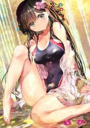 Rule 34 | 1girl, absurdres, barefoot, black hair, black one-piece swimsuit, blue eyes, breasts, cleavage, commentary request, covered navel, dutch angle, green eyes, highres, japanese clothes, kimono, long hair, looking at viewer, medium breasts, ogata tei, one-piece swimsuit, open clothes, open kimono, original, print kimono, solo, swimsuit, swimsuit under clothes