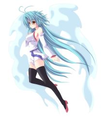 Rule 34 | 1girl, bare shoulders, blue hair, detached sleeves, dress, duel monster, effect veiler, green hair, highres, long hair, solo, takayuuki, thighhighs, twintails, wings, yellow eyes, yu-gi-oh!, yu-gi-oh! 5d&#039;s