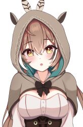 Rule 34 | 1girl, absurdres, ahoge, animal ear headwear, bow, breasts, brown bow, brown capelet, brown corset, brown eyes, brown hair, capelet, cleavage, corset, fake animal ears, feather hair ornament, feathers, hair ornament, highres, hololive, hololive english, hood, hood up, hooded capelet, looking at viewer, medium breasts, multicolored hair, nanashi mumei, open mouth, panpanmc4, shirt, simple background, solo, streaked hair, upper body, virtual youtuber, white background, white shirt