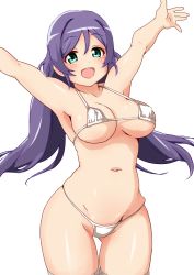 Rule 34 | 10s, 1girl, :d, aqua eyes, arms up, bikini, breasts, green eyes, homura shinji, large breasts, long hair, love live!, love live! school idol project, micro bikini, navel, open mouth, outstretched arms, purple hair, simple background, smile, solo, swimsuit, tojo nozomi, twintails, white background, white bikini