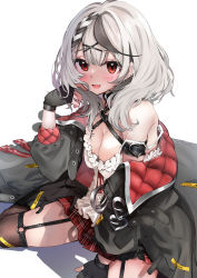 Rule 34 | 1girl, absurdres, bare shoulders, black gloves, black hair, black jacket, blush, braid, breasts, brown thighhighs, cleavage, commentary request, criss-cross halter, fang, fingerless gloves, garter straps, gloves, grey hair, hair ornament, halterneck, highres, hololive, jacket, looking at viewer, medium breasts, medium hair, multicolored hair, open mouth, plaid, plaid skirt, r10c, red eyes, red skirt, sakamata chloe, shadow, simple background, sitting, skirt, smile, solo, streaked hair, thighhighs, virtual youtuber, wariza, white background, x hair ornament