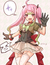 Rule 34 | &gt; &lt;, 1girl, ahoge, back bow, black gloves, bow, bowtie, commentary request, fang, garter straps, gloves, gradient hair, green hair, green neckwear, highres, kantai collection, long hair, momo (kancolle), multicolored hair, open mouth, pink hair, pleated skirt, puffy sleeves, red bow, sailor collar, short sleeves, skin fang, skirt, solo, spoken sparkle, striped bow, striped bowtie, striped clothes, striped neckwear, thighhighs, twintails, waving, wavy mouth, white skirt, white thighhighs, wss (nicoseiga19993411)
