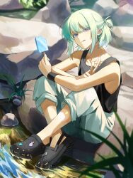 Rule 34 | 1boy, :q, alternate costume, alternate hairstyle, black footwear, black tank top, black wristband, casual, colored eyelashes, commentary, crocs, crossed ankles, earrings, food, full body, green hair, highres, holding, holding food, holding popsicle, jewelry, knees up, lio fotia, looking at viewer, male focus, one side up, outdoors, pants, pants rolled up, popsicle, prmattotia, promare, purple eyes, rock, short hair, sidelocks, sitting, solo, symbol-only commentary, tank top, tongue, tongue out, trap, triangle earrings, v, white pants