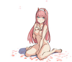 Rule 34 | 10s, 1girl, barefoot, between legs, blue eyes, breasts, darling in the franxx, hairband, hand between legs, hand on own chest, highres, horns, long hair, looking at viewer, maao you you, medium breasts, nipples, pink hair, sidelocks, simple background, sitting, sketch, solo, wariza, white background, zero two (darling in the franxx)