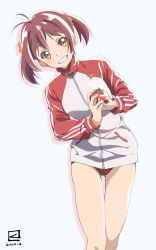Rule 34 | 1girl, artist name, brown eyes, brown hair, buruma, dated, food, gluteal fold, grin, gym uniform, hair ornament, hair scrunchie, highres, holding, holding food, isshiki akane, jacket, leaning to the side, looking at viewer, miyahara takuya, orange scrunchie, red buruma, red jacket, scrunchie, short hair, short twintails, signature, smile, solo, standing, tomato, track jacket, twintails, vividred operation, zipper