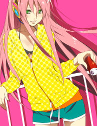 Rule 34 | 1girl, against railing, bikini, bikini top only, can, dolphin shorts, drink can, dutch angle, eretto, front-tie top, green eyes, grin, headphones, hood, hooded jacket, hoodie, jacket, long hair, megurine luka, pink hair, railing, short shorts, shorts, simple background, smile, soda can, solo, swimsuit, very long hair, vocaloid