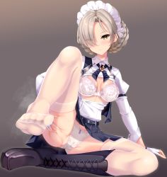 Rule 34 | 1girl, arm support, azur lane, belt, black footwear, black skirt, blush, boots, bra, braid, breasts, brooch, brown hair, cameltoe, cleavage, closed mouth, cross, cross-laced footwear, deep skin, eyes visible through hair, feet, fingerless gloves, frills, fukuda shuushi, full body, gloves, grey background, hair over one eye, highres, jewelry, juliet sleeves, knee boots, lace-up boots, leg up, long sleeves, looking at viewer, maid, maid headdress, medium breasts, miniskirt, open clothes, open shirt, panties, pleated skirt, puffy sleeves, see-through, sheffield (azur lane), short hair, simple background, single boot, sitting, skirt, solo, thighhighs, toes, underwear, upskirt, white bra, white gloves, white panties, white thighhighs, yellow eyes