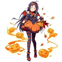 Rule 34 | 1girl, ahoge, bat wings, blush, bucket, carrying, closed eyes, full body, grin, hairband, halloween costume, highres, jack-o&#039;-lantern, long hair, official art, pantyhose, pointy ears, purple hair, skirt, smile, solo, standing, striped clothes, striped legwear, striped pantyhose, sword art online, sword art online: memory defrag, transparent background, wings, yuuki (sao)