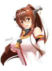 Rule 34 | 1girl, bare shoulders, blush, breasts, brown eyes, brown hair, cherry blossoms, flower, hair flower, hair ornament, headgear, highres, kantai collection, kiko (okuwae), large breasts, long hair, looking at viewer, open mouth, ponytail, simple background, smile, solo, upper body, very long hair, white background, yamato (kancolle)