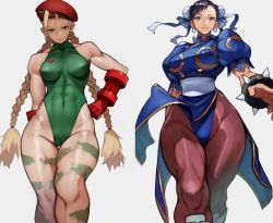 Rule 34 | 2girls, absurdres, ahoge, bare shoulders, beret, blonde hair, blue dress, blue eyes, bracelet, braid, breasts, brown hair, brown legwear, bun cover, cammy white, camouflage, capcom, china dress, chinese clothes, chun-li, closed mouth, commentary, commentary request, covered collarbone, covered navel, double bun, dress, earrings, eyebrows, eyeshadow, facial scar, fighting stance, gauntlets, green leotard, hair bun, hand on own hip, hat, highleg, highleg leotard, highres, jewelry, large breasts, leotard, lips, long hair, looking at viewer, makeup, medium breasts, multiple girls, muscular, muscular female, open mouth, pantyhose, puffy short sleeves, puffy sleeves, purple eyes, sash, scar, scar on cheek, scar on face, short sleeves, simple background, sleeveless, smile, spiked bracelet, spikes, standing, street fighter, thighs, twin braids, twintails, yoshio (55level)