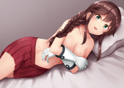 Rule 34 | 1girl, bed sheet, blush, braid, breasts, brown hair, collarbone, cowboy shot, gloves, green eyes, hair between eyes, kamelie, kantai collection, long hair, medium breasts, noshiro (kancolle), open mouth, pillow, pleated skirt, red skirt, single braid, skirt, solo, white gloves