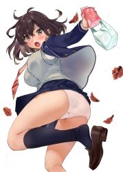 Rule 34 | 1girl, :o, ass, autumn leaves, bag, black socks, blazer, blue jacket, blue skirt, blush, breasts, brown eyes, brown footwear, brown hair, commentary request, from behind, holding, jacket, kneehighs, large breasts, leg up, loafers, looking at viewer, looking back, messy hair, miniskirt, necktie, open clothes, open jacket, open mouth, original, panties, pantyshot, plastic bag, pleated skirt, red necktie, running, school uniform, shoes, short hair, simple background, skirt, socks, solo, striped necktie, striped neckwear, sweater vest, thighs, underwear, upskirt, v-shaped eyebrows, white background, yanyo (ogino atsuki)