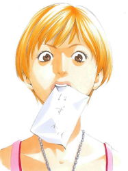 Rule 34 | 1girl, brown eyes, chain, chain necklace, failure, graphite (medium), jewelry, lips, marker (medium), mouth hold, necklace, orange hair, original, portrait, rock (worldend724), short hair, sign, solo, traditional media